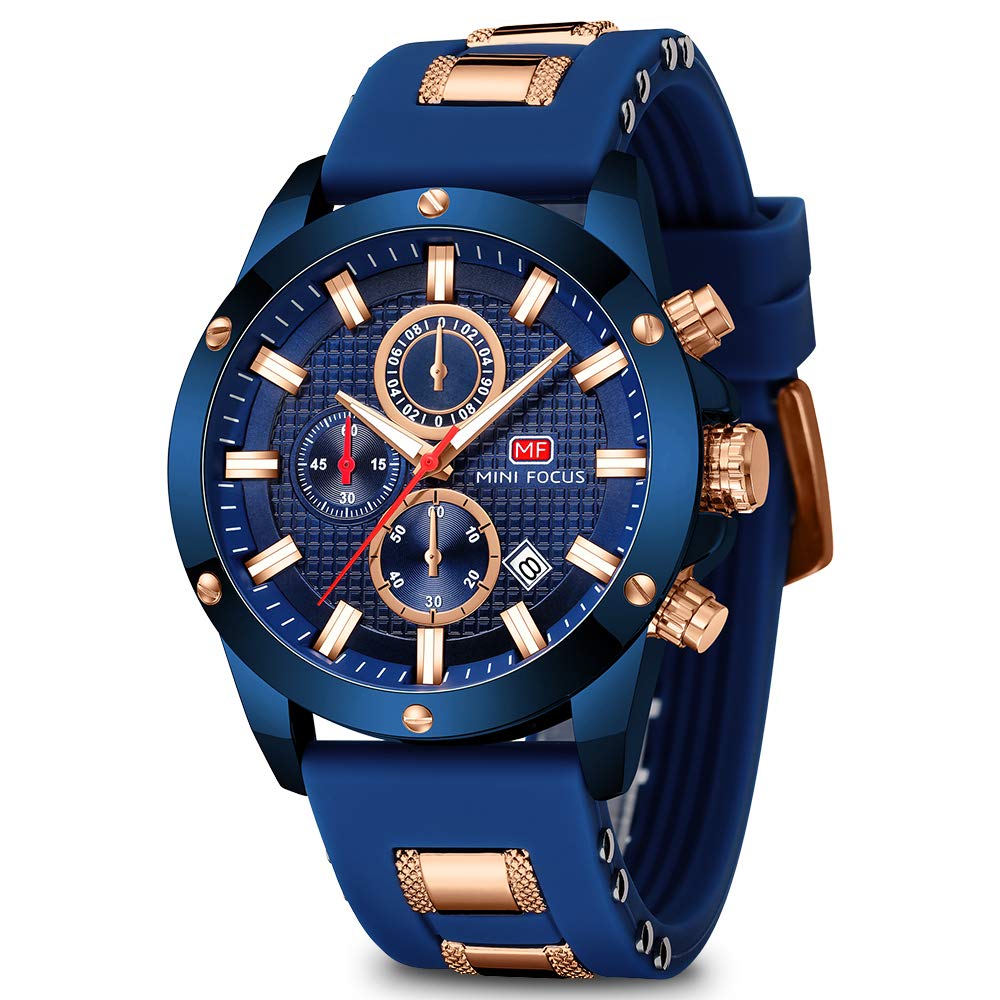 MINI Focus Mens Casual Sports Watch Waterproof Chronograph Luminous Calendar Silicon Band Fashion Quartz Blue for Men