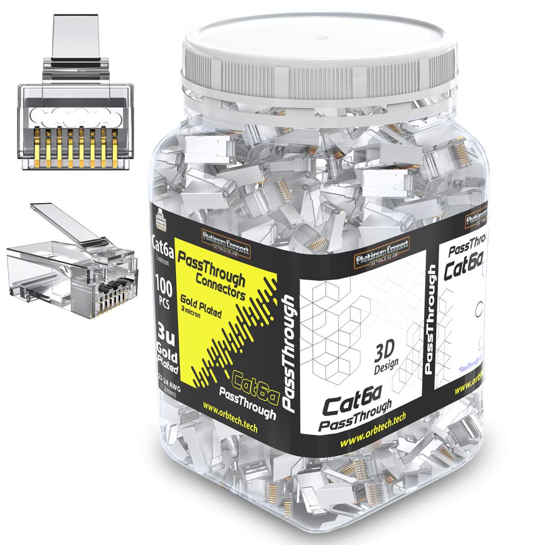 Platinum Connect Platinum Connect Cat6 Passthrough RJ45 Connectors 100 PCS Jar Gold Plated for High Speed Data Transmission
