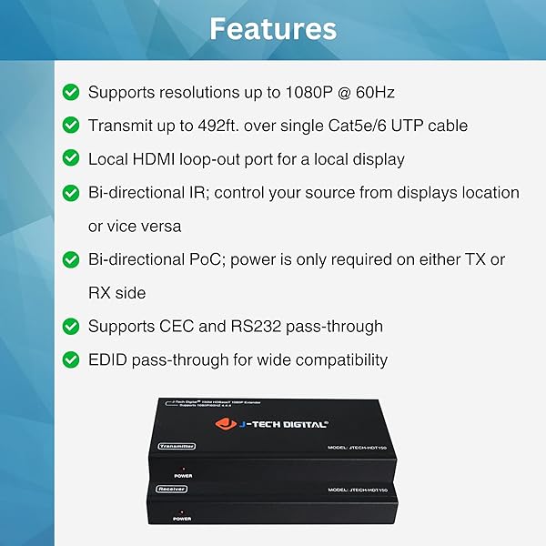 J-Tech Digital J-Tech Digital Long Range HDMI Extender Over Cat6 150m 1080P Bi-Directional IR Supports Dolby Digital DTS EDID CEC RS-232 Passthrough - View 2 of 8