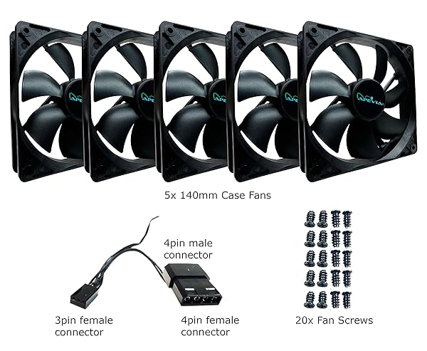 Apevia Apevia CF514S-BK 140mm Black Silent Case Fan 5 Pack for Efficient Cooling and Quiet Performance - View 5 of 5