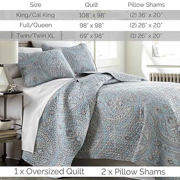 Southshore Fine Living, Inc. Southshore Fine Living Paisley Aqua Quilt Bedding Set for Full/Queen - Boho Style Bedspread & Shams - View 8 of 10