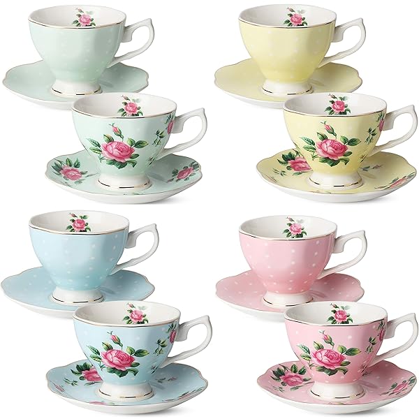 Brew To A Tea BTaT Floral Tea Cups Set of 8 - Multi-Color Porcelain with Gold Trim, Perfect Gift for Tea Lovers