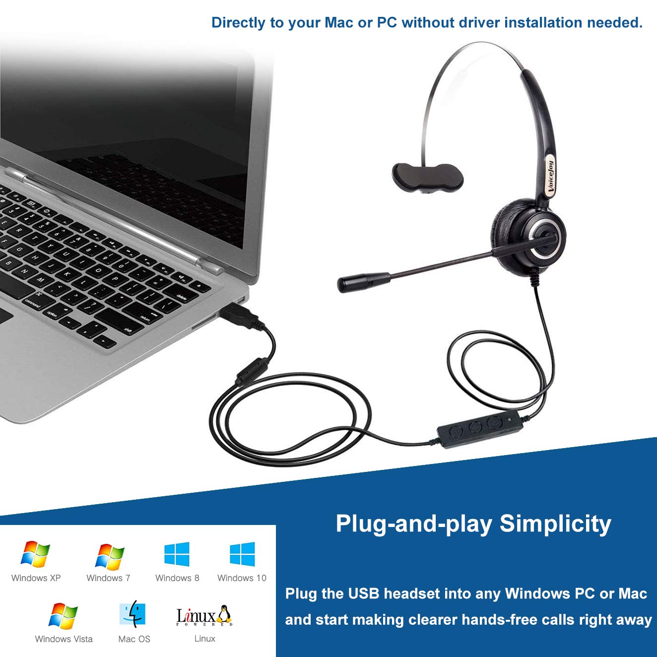 VoiceJoy Call Center Noise Cancelling Corded Headset with Mic USB Plug for Computer Laptop Volume Control Mute Switch Extra Ear Pad - View 6 of 7