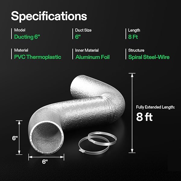 VIVOSUN VIVOSUN 6 Inch 8 Feet Non-insulated Flex Air Aluminum Ducting with 2 Stainless Steel Clamps for Efficient Ventilation - View 7 of 7