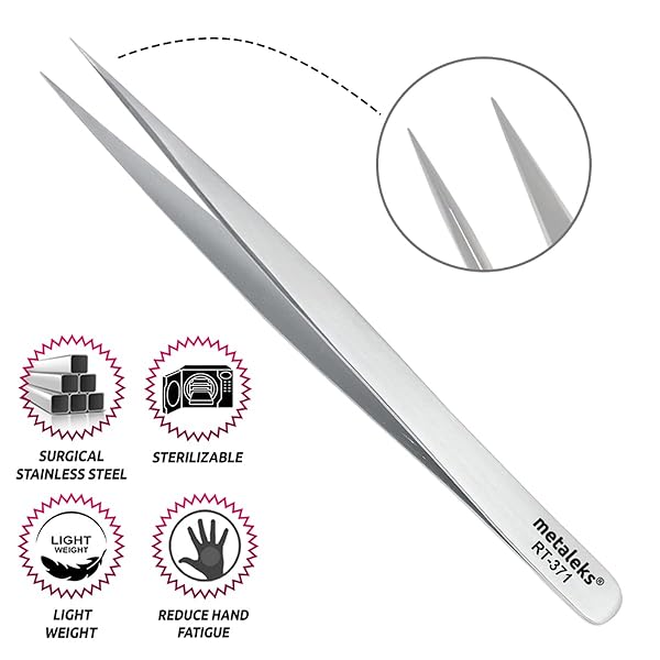 metaleks Metaleks Straight Pointed Tweezers for Grafting Eyelash Extensions and Nail Art Stainless Steel Fine Angled Removal Tool - View 2 of 6