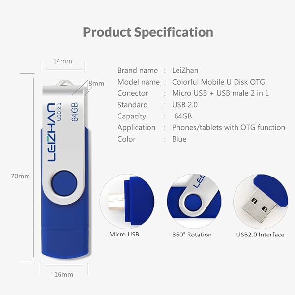 leizhan Leizhan 64GB Flash Drive for Android USB 2.0 Micro Pendrive OTG Memory Stick Blue - View 7 of 7