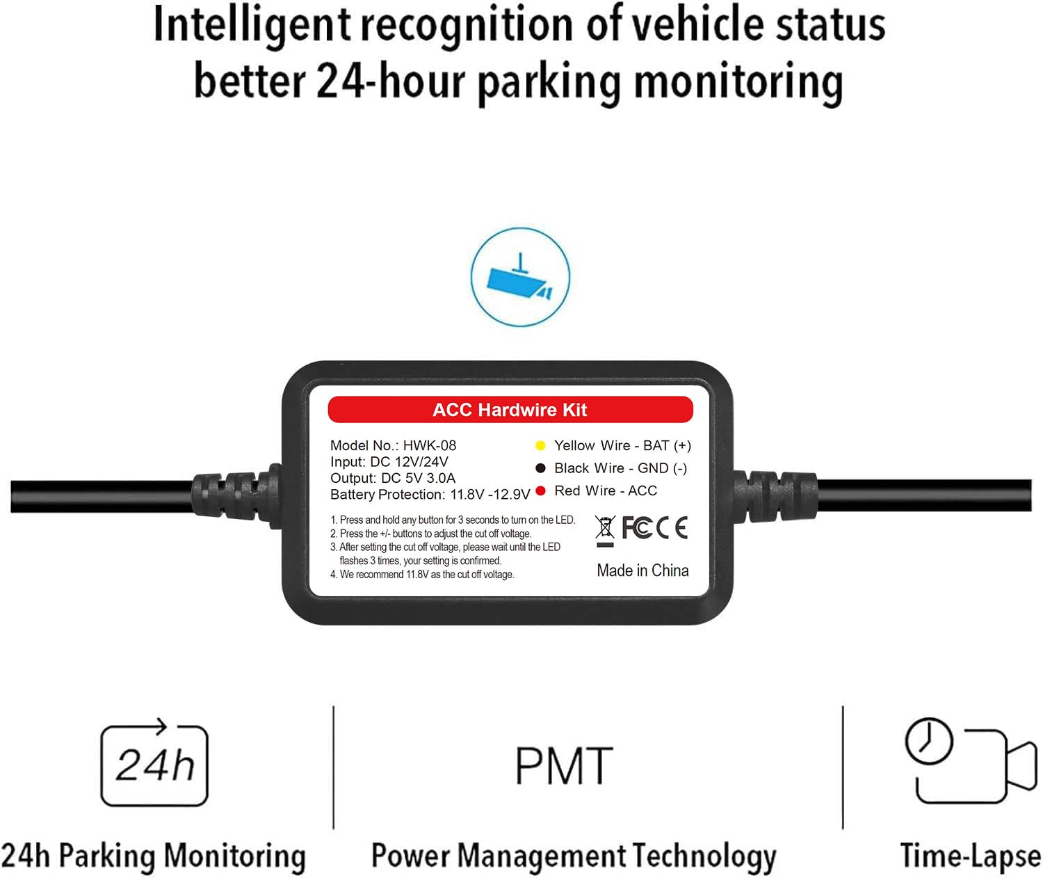 PRUVEEO PRUVEEO Smart Acc Hardwire Kit 12V to 5V 2A 3A Adjustable Low Voltage Protection for Dash Cam HWK-08 - View 4 of 6