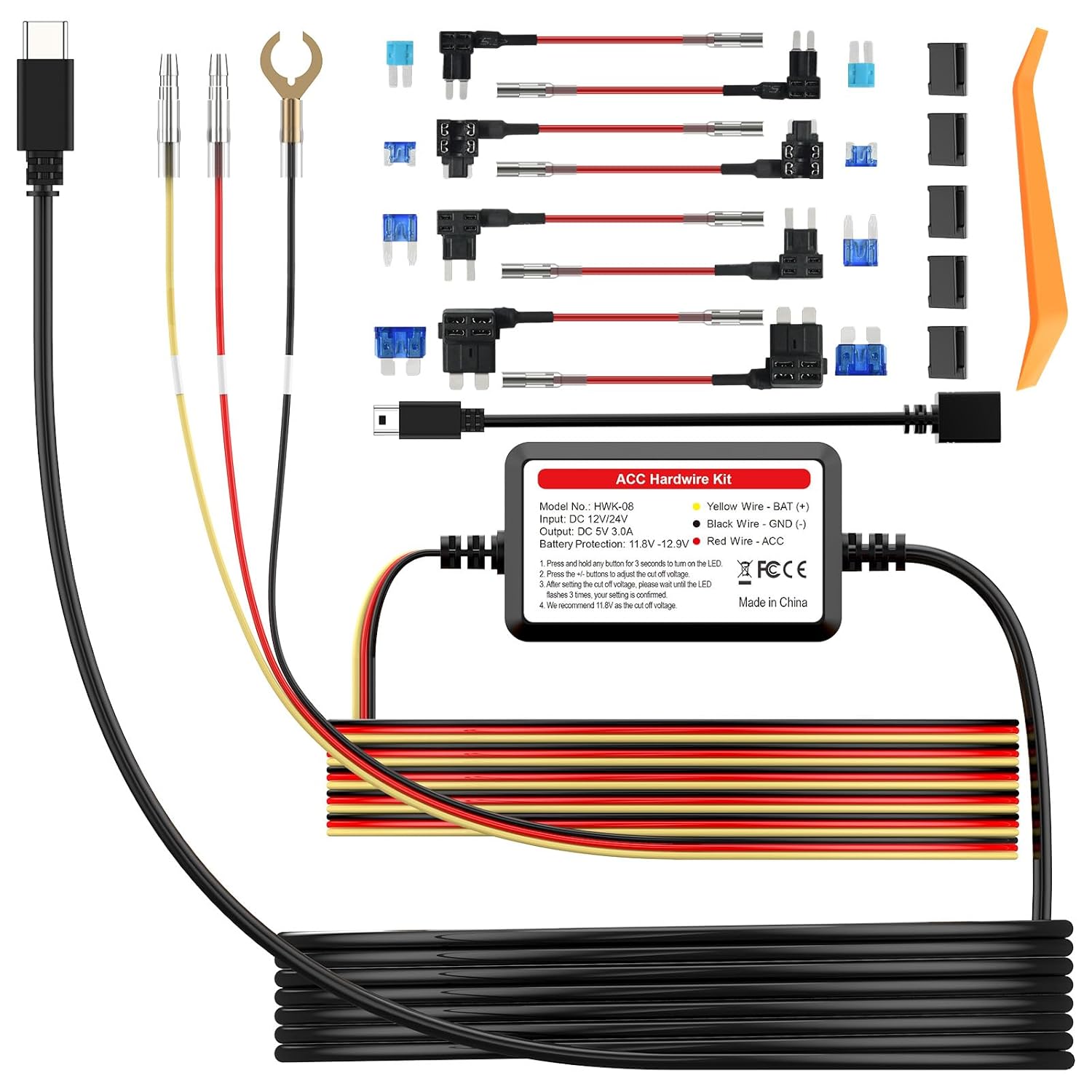 PRUVEEO PRUVEEO Smart Acc Hardwire Kit 12V to 5V 2A 3A Adjustable Low Voltage Protection for Dash Cam HWK-08