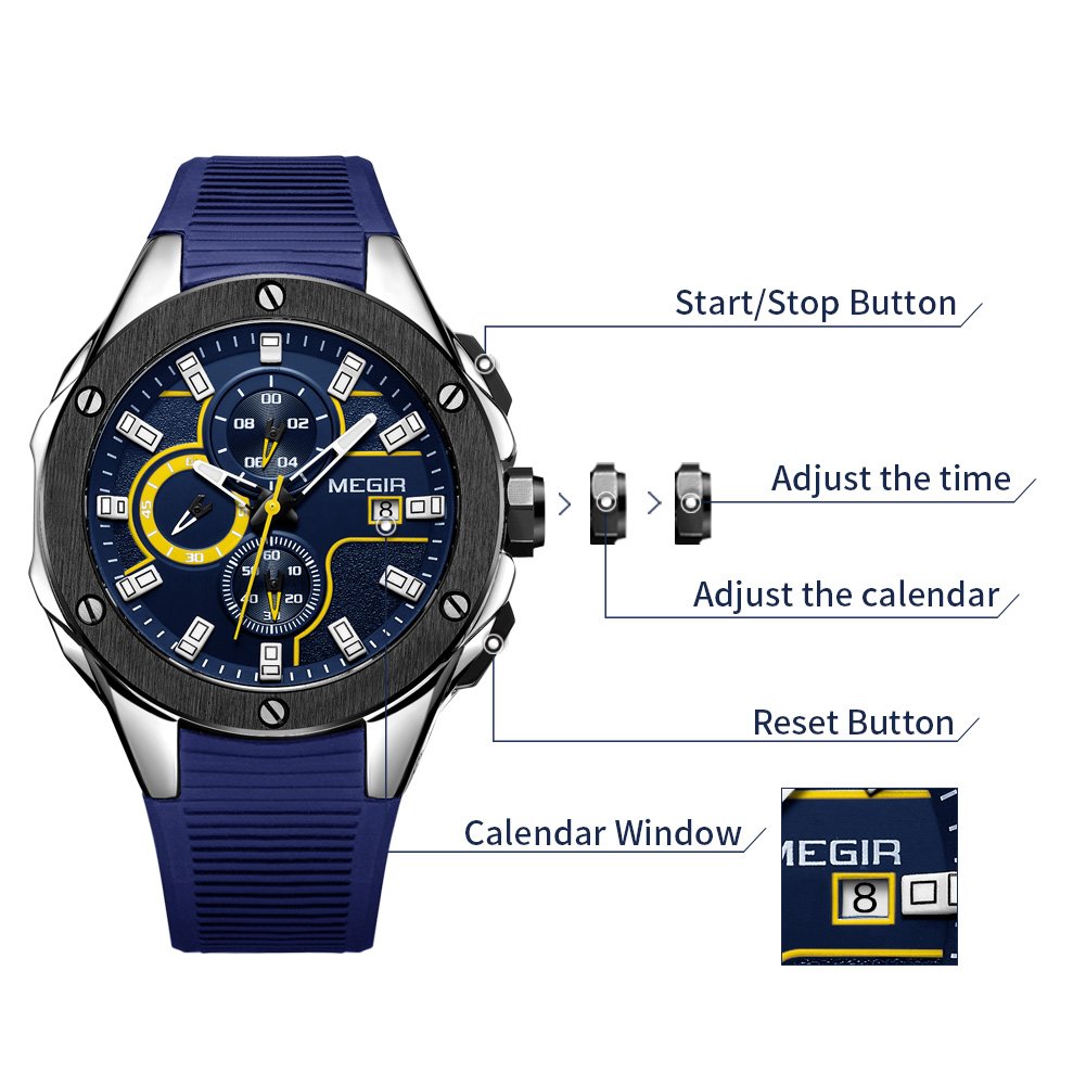 MEGIR MEGIR Men's Sports Chronograph Luminous Quartz Watch with Blue Silicone Strap Ideal for Gifts - View 6 of 9