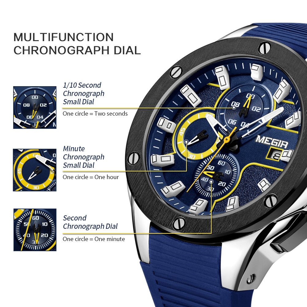MEGIR MEGIR Men's Sports Chronograph Luminous Quartz Watch with Blue Silicone Strap Ideal for Gifts - View 7 of 9