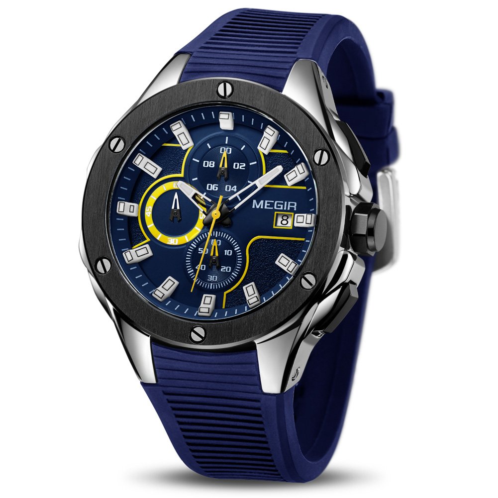 MEGIR MEGIR Men's Sports Chronograph Luminous Quartz Watch with Blue Silicone Strap Ideal for Gifts