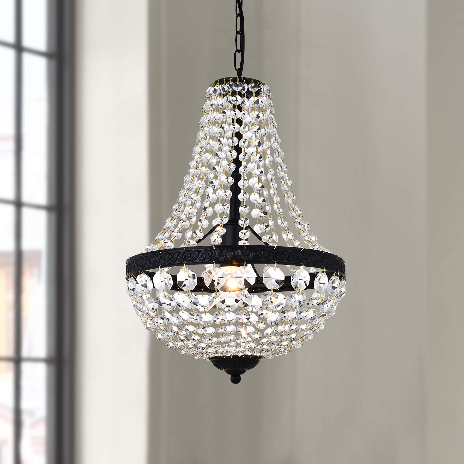 Bestier Modern French Empire Black Crystal Pendant Chandelier LED Ceiling Light for Dining Room Bathroom Bedroom Living Room 1E26 Bulbs Required