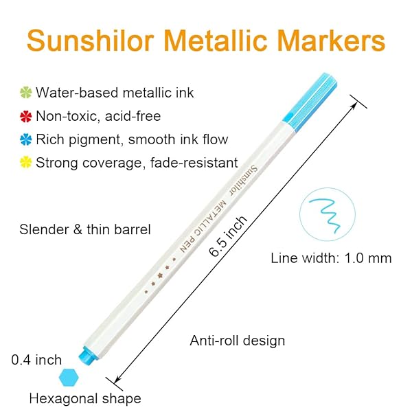 Sunshilor Sunshilor Metallic Markers Set of 12 - Perfect for Black Paper, Rock Painting, Card Making & More! - View 8 of 8