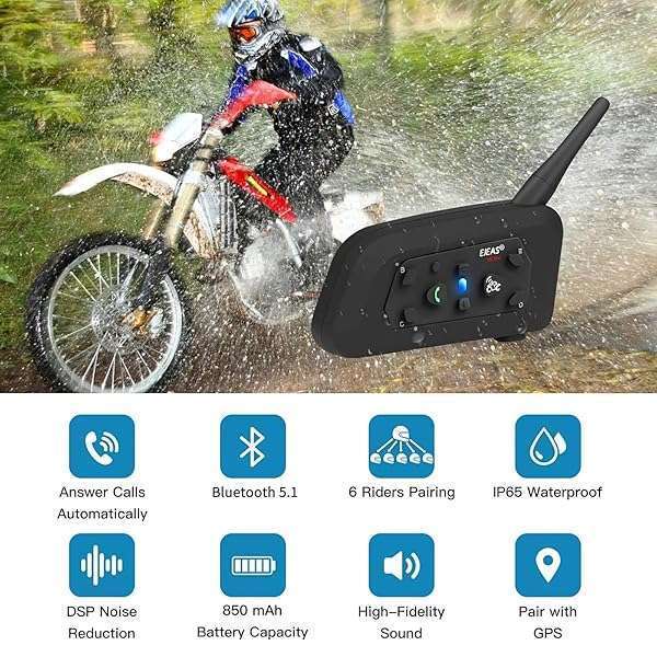 EJEAS EJEAS V6 Pro Bluetooth Intercom: 1200M Motorcycle Headset with Noise Cancellation & Waterproof for Dirt Bike, ATV, Snowmobile - View 3 of 10