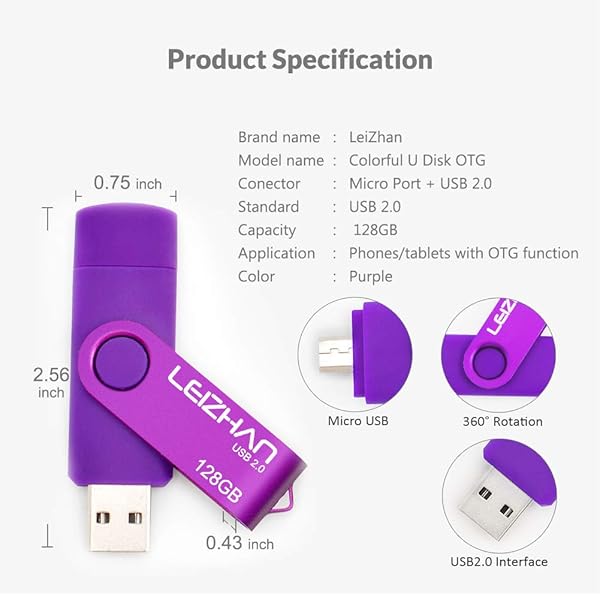 leizhan Leizhan 128GB OTG Micro USB Flash Drive for Android Phones Compatible with Samsung Xiaomi LG Sony OnePlus HTC Meizu Purple - View 8 of 9