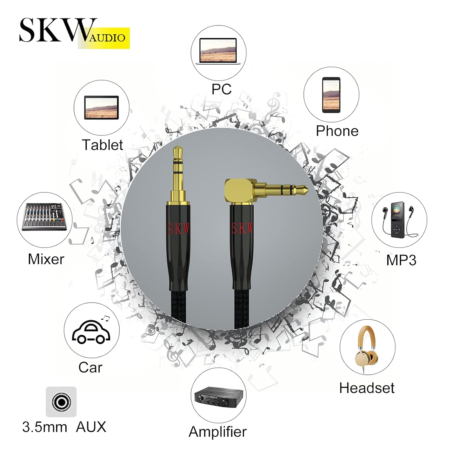 SKW SKW Aux Cable 3.5mm Stereo Audio Cord 90 Degree for Car Home Stereo iPhone iPod iPad Echo Dot Sony 1.6ft - View 3 of 7
