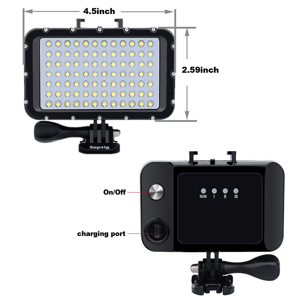 Suptig Underwater Dive Light 84 LED High Power Dimmable Waterproof 164ft for GoPro Canon Nikon Panasonic Sony SLR Cameras Black - View 5 of 9