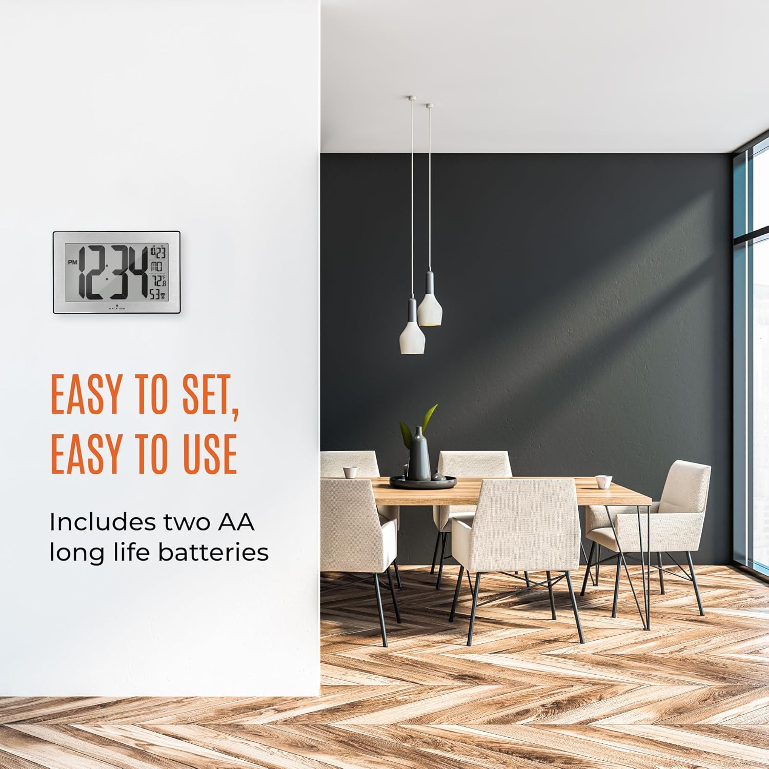 MARATHON MARATHON Atomic Wall Clock Large 9 Inch Display Black Frame Stainless Steel Finish AM PM 24 Hour Time Eight Time Zones Indoor Temperature - View 6 of 7