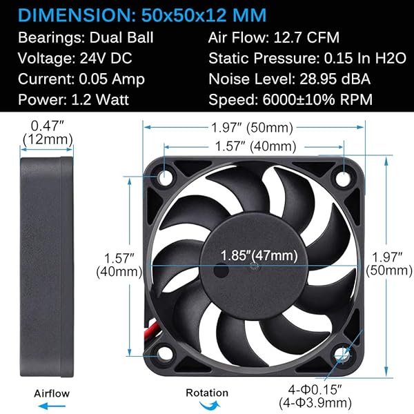 GDSTIME GDSTIME 50mm x 50mm x 12mm 24v Dual Ball Bearing Brushless Cooling Fan for Efficient Cooling Solutions - View 4 of 9