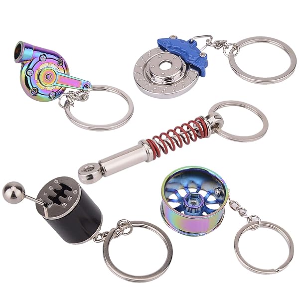 FEBRYTOLD FEBRYTOLD 5 Pcs Car Parts Keychains: Colorful Turbo, Gearbox, Tire Rim & More!