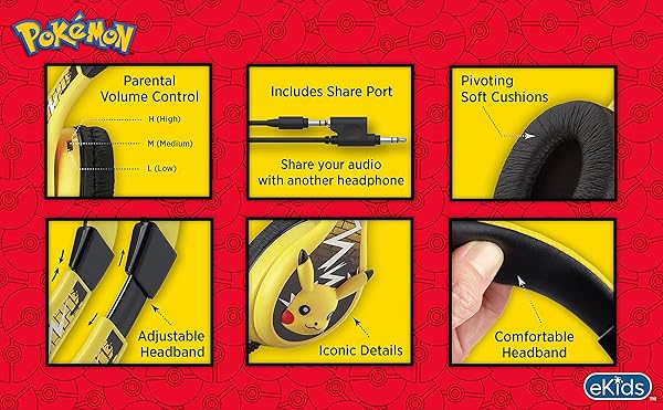 eKids Pokemon Pikachu Kids Headphones: Adjustable, Stereo Sound, Volume Control & Tangle-Free Design for School & Travel - View 6 of 8
