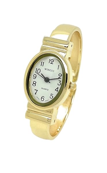 Wincci Wincci Ladies Small Oval Case Metal Bangle Cuff Fashion Watch with White Dial and Black Numbers Gold