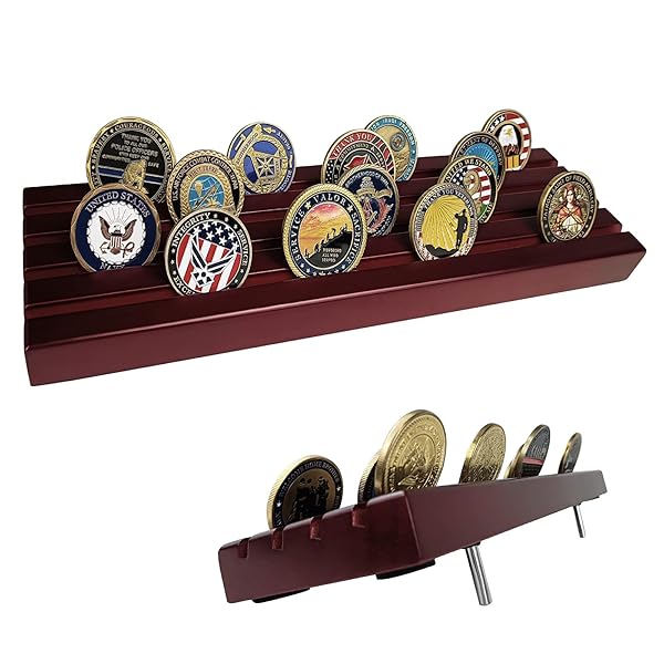 ASmileIndeep ASmileIndeep Military Challenge Coins Display Holder Solid Wood 30 Coin Stand 4 Row Rack for Desk Collectors Red