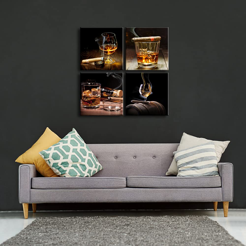 Pyradecor Pyradecor Cigar Wine Whisky Canvas Prints Wall Art 4 Piece Modern Stretched Artwork for Kitchen Bar Pub Home Decorations - View 3 of 6