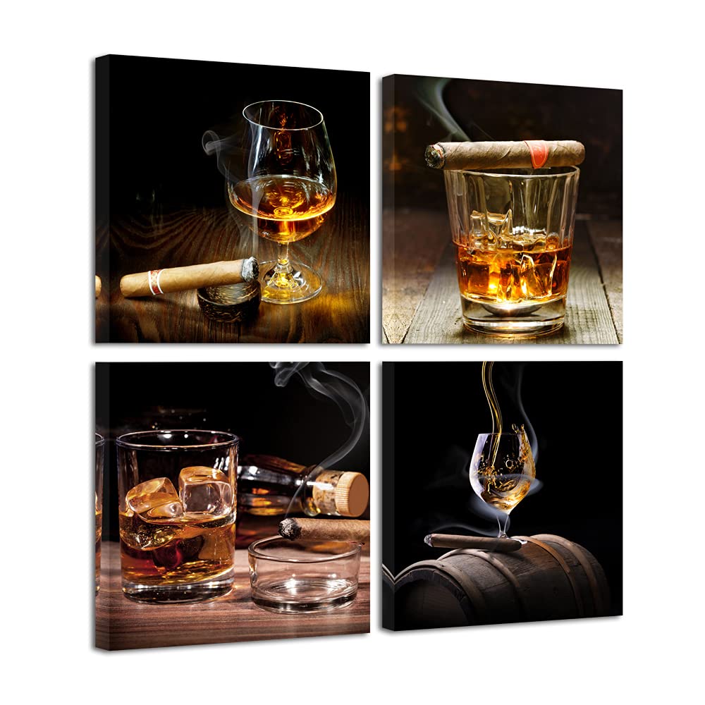 Pyradecor Pyradecor Cigar Wine Whisky Canvas Prints Wall Art 4 Piece Modern Stretched Artwork for Kitchen Bar Pub Home Decorations