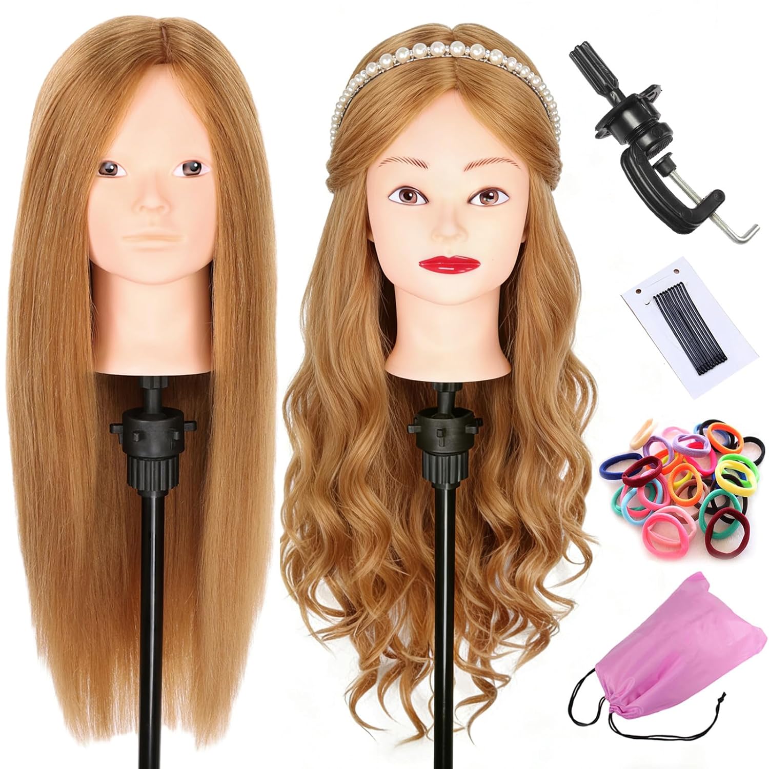 Leeven 20 Inch Human Hair Mannequin Head for Cosmetology and Hairdressing Training Makeup Practice 27#