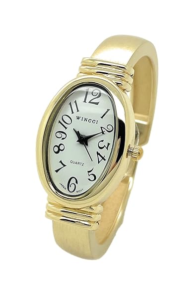 Wincci Ladies Oval Case Metal Bangle Cuff Fashion Watch with Pearl Dial by Wincci in Gold