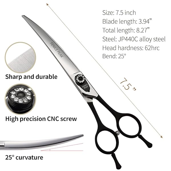 FENICE PEAK Fenice 7.5 Inch Professional Dog Grooming Scissors Japanese Stainless Steel Curved Shears Black - View 3 of 5