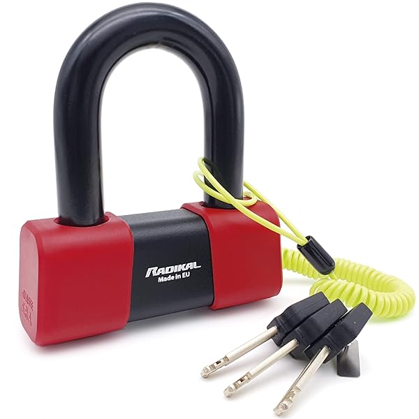 RADIKAL RK75 Premium Mini U Disc Lock for Motorcycles SRA Approved Double Locking Hardened Steel Shackle with Reminder Cable