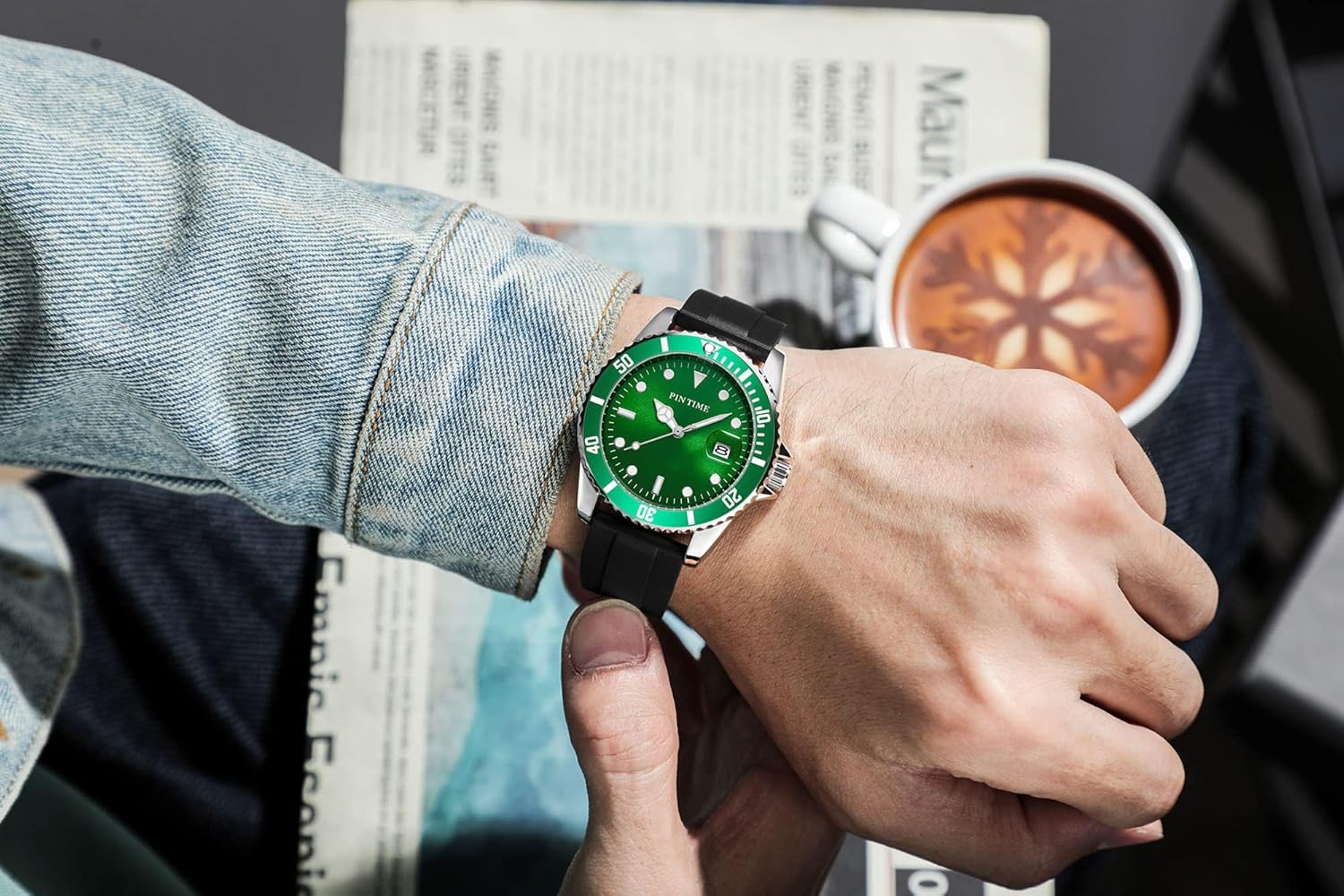 MASTOP MASTOP Men Silver Stainless Steel Waterproof Watch with Rotatable Bezel Green Dial and Luminous Features - View 4 of 7