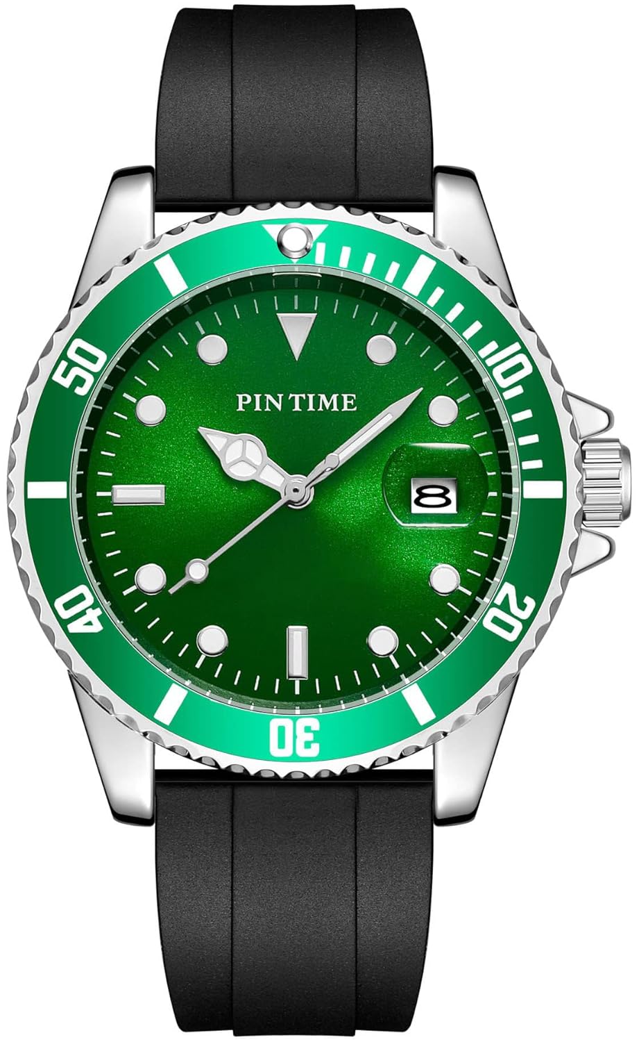 MASTOP Men Silver Stainless Steel Waterproof Watch with Rotatable Bezel Green Dial and Luminous Features