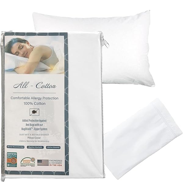 National Allergy National Allergy King Size Cotton Zippered Pillow Protector - 2 Pack, Hypoallergenic, 300 Thread Count, Breathable Encasement