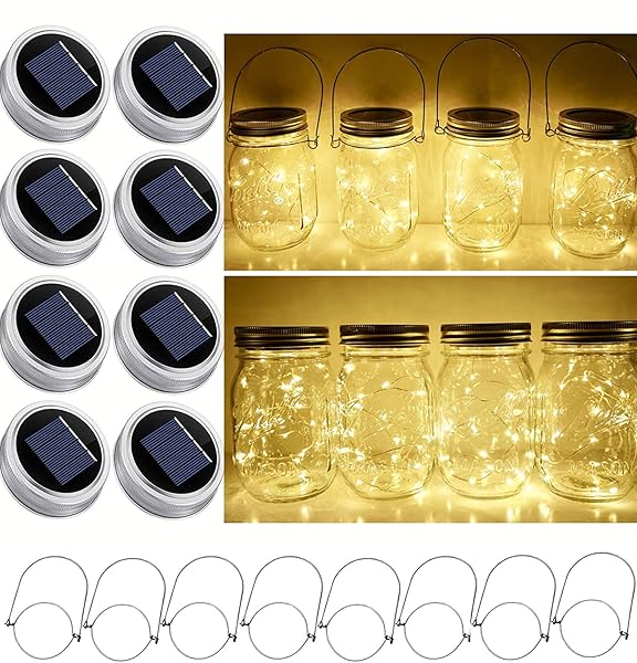 StarryMine Solar Mason Jar Lid String Lights 8 Pack 20 LED Fairy Star Firefly Lights with Hangers for Patio Garden Wedding Lanterns