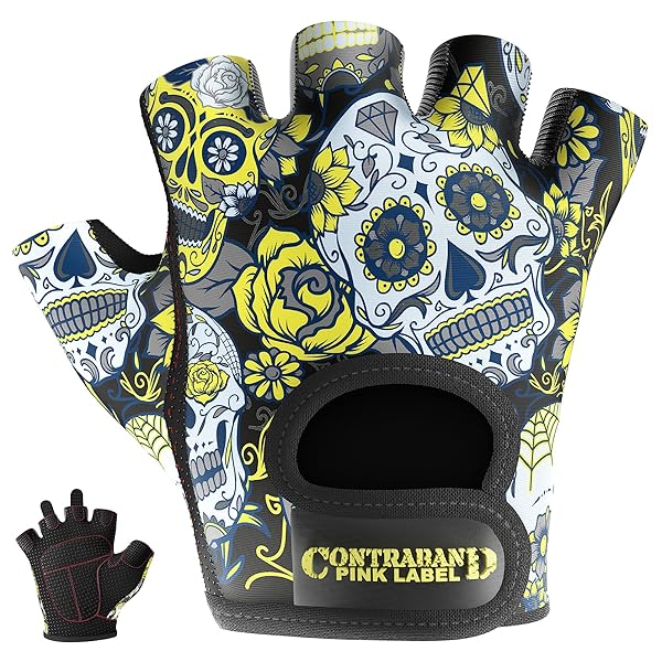 Contraband Pink Label Buy Contraband Pink Label 5237 Women's Sugar Skull Lifting Gloves - Lightweight Vegan Amara Leather, Griplock Silicone, X-Small