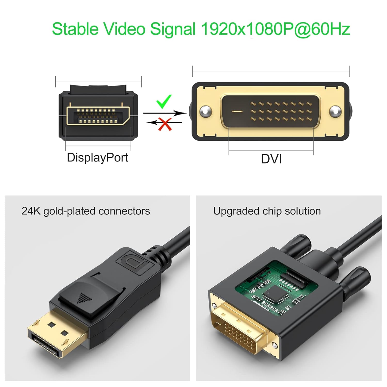 UVOOI UVOOI 10ft DisplayPort to DVI Cable - Gold-Plated DP to DVI-D Adapter for PC, Laptop, HDTV, Projector & Monitor - View 3 of 7