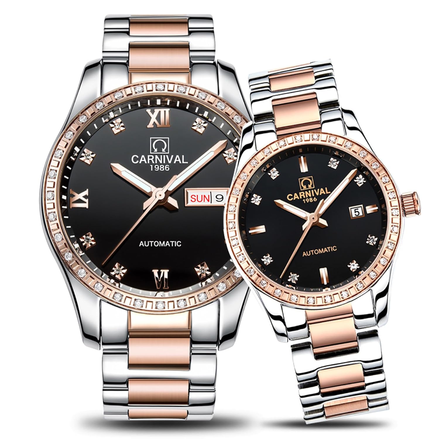 Couple Automatic Mechanical Watch with Sapphire Glass and Stainless Steel for Men and Women in Rose Gold and Black
