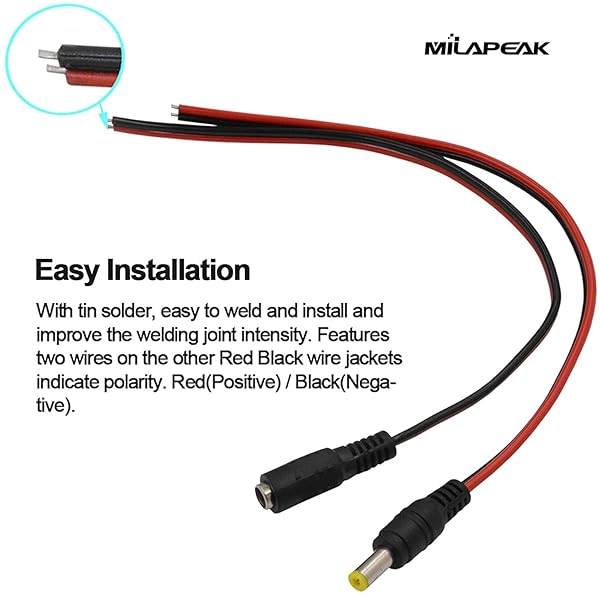 MILAPEAK Real 18AWG 10 Pairs DC Power Pigtail Cable 12V 5A Male Female and Jack Plug Adapter for CCTV Home Security by MILAPEAK - View 9 of 9