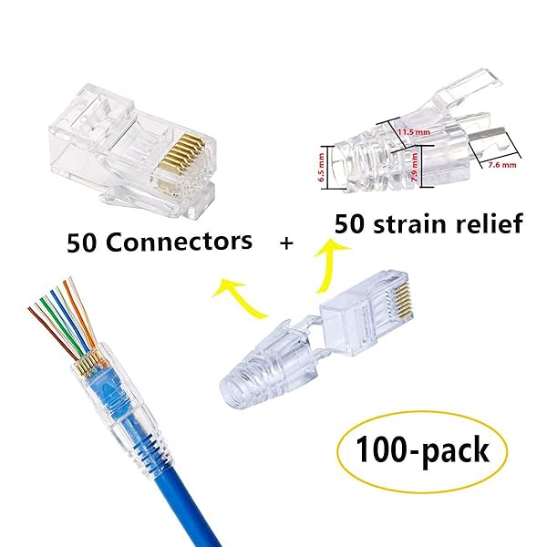 PETECHTOOL RJ45 CAT6 Pass Through Connectors Gold Plated 8P8C Plugs with Strain Relief Pack of 50 Connectors and 50 Strain Reliefs - View 5 of 7