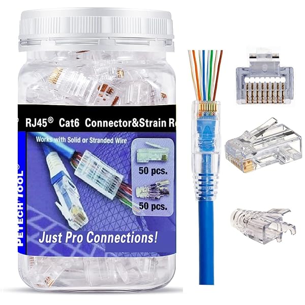 PETECHTOOL RJ45 CAT6 Pass Through Connectors Gold Plated 8P8C Plugs with Strain Relief Pack of 50 Connectors and 50 Strain Reliefs