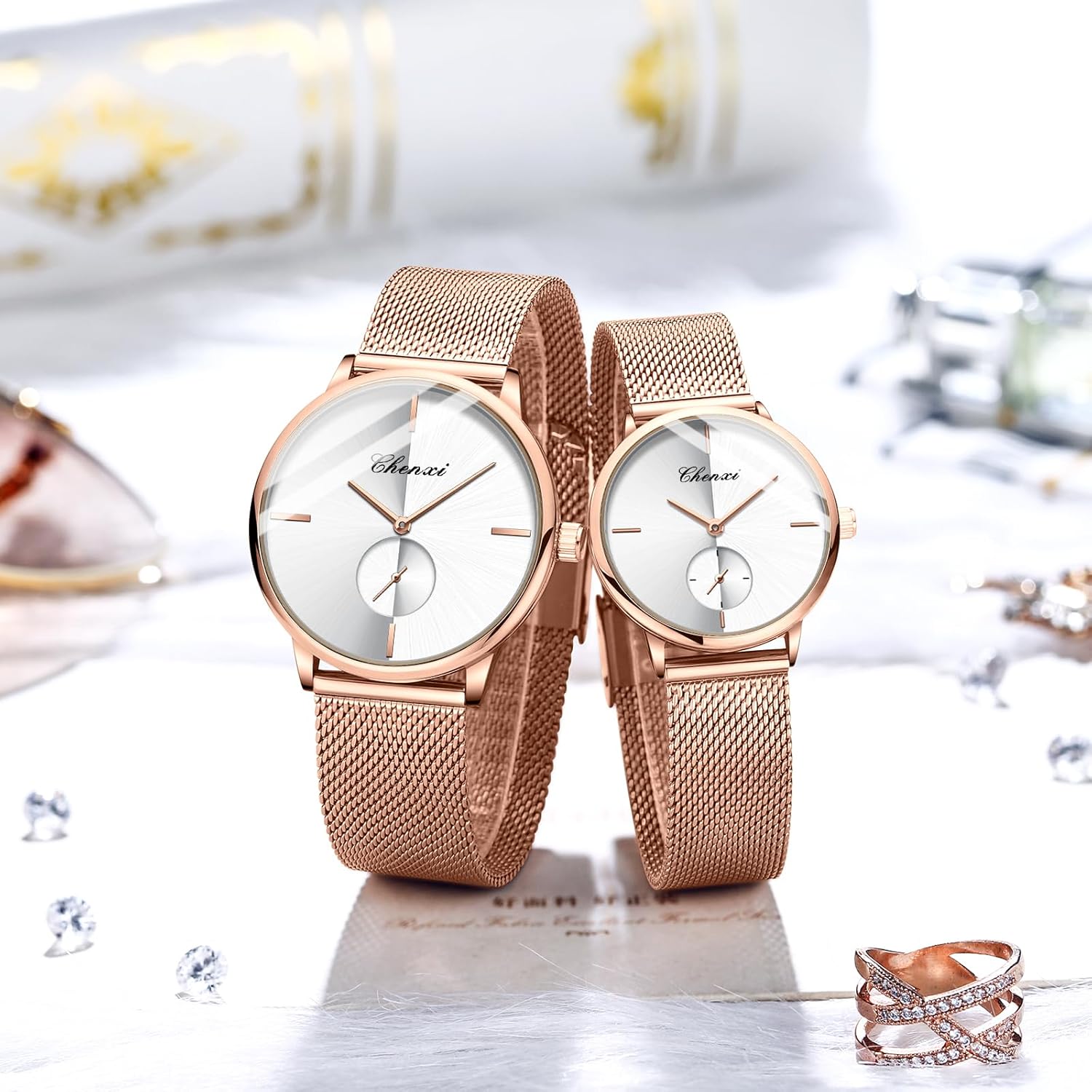 MASTOP MASTOP Swiss Brand Couple Watch Stainless Steel Rose Gold Mesh Strap Waterproof for Men and Women White - View 6 of 9