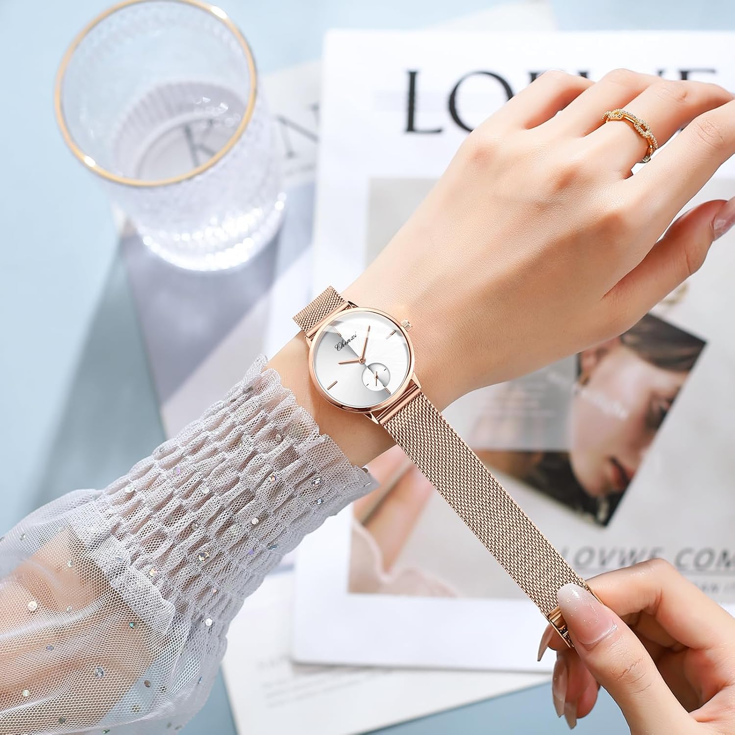 MASTOP MASTOP Swiss Brand Couple Watch Stainless Steel Rose Gold Mesh Strap Waterproof for Men and Women White - View 7 of 9