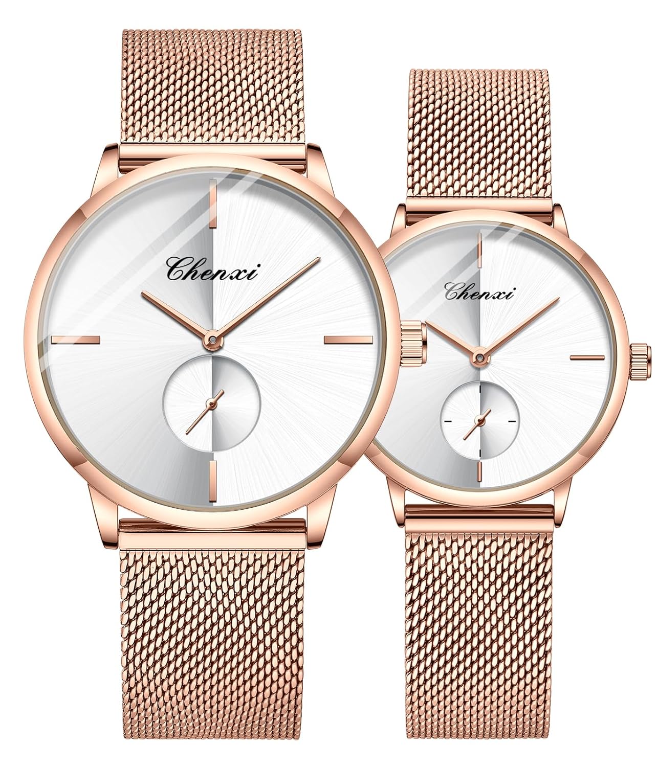 MASTOP Swiss Brand Couple Watch Stainless Steel Rose Gold Mesh Strap Waterproof for Men and Women White