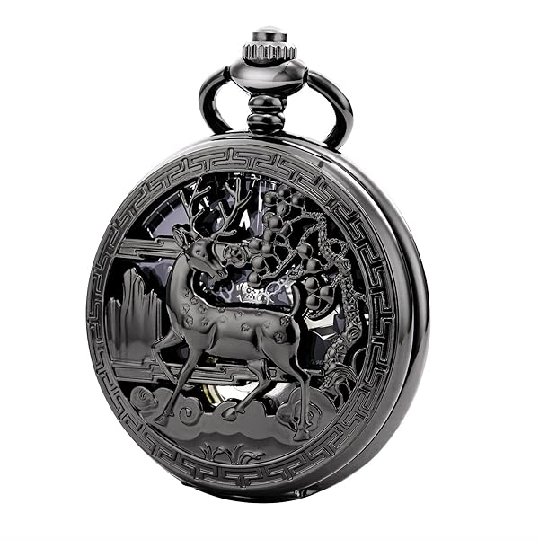 Shop TREEWETO Vintage Pocket Watch: Mechanical Skeleton Steampunk Design for Men & Women - Black Double Cover Deer Case