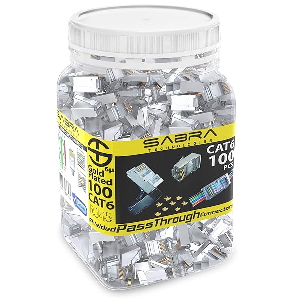 Sabra Technologies RJ45 Cat6 Shielded PassThrough FTP Connectors 100 PCS Gold Plated 6 Micron 8P8C 8 Pin for High Speed Networking - View 2 of 10