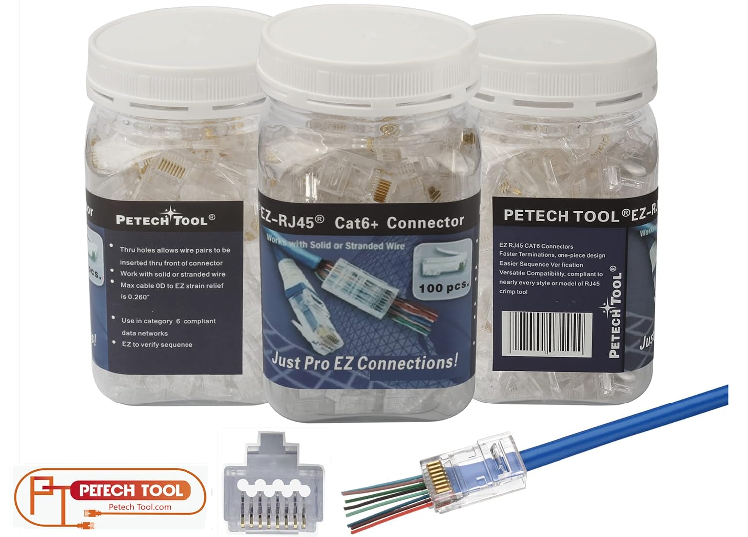 PETECHTOOL PETCHTOOL 100-Pack RJ45 CAT6A CAT6 Pass Through Connectors Gold Plated Modular Plug for Solid Wire Ethernet Cables - View 3 of 9