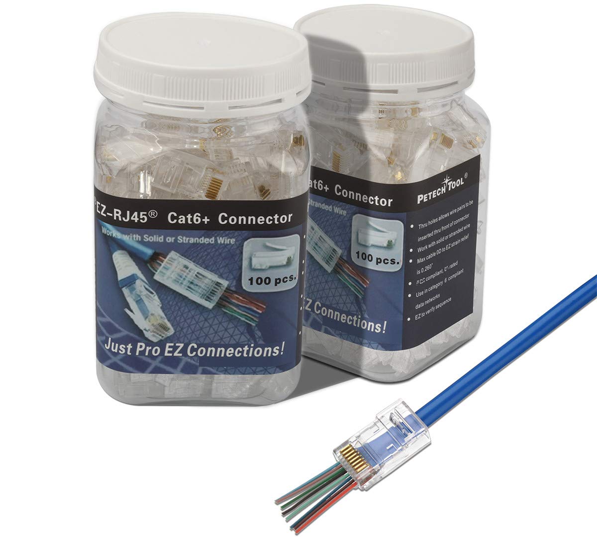 PETECHTOOL PETCHTOOL 100-Pack RJ45 CAT6A CAT6 Pass Through Connectors Gold Plated Modular Plug for Solid Wire Ethernet Cables - View 4 of 9